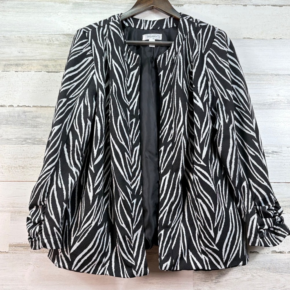 Dressbarn Zebra Print Open Front Blazer Black White Ruched 3/4 Sleeve Plus 14/16
